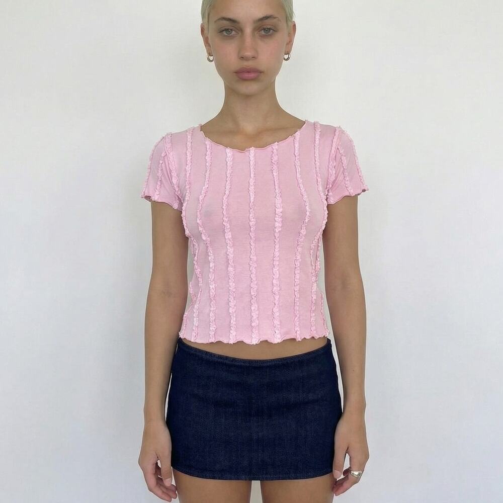 Vintage Pink Ruffle-Stripe Mesh Baby Tee (Small)